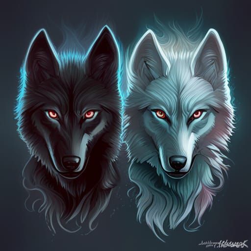 Two Wolves Portrait with Cyan Eyes