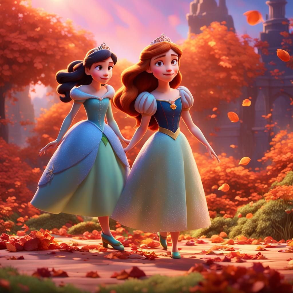 Disney Princess Fall Scene in Pixar 3D Style