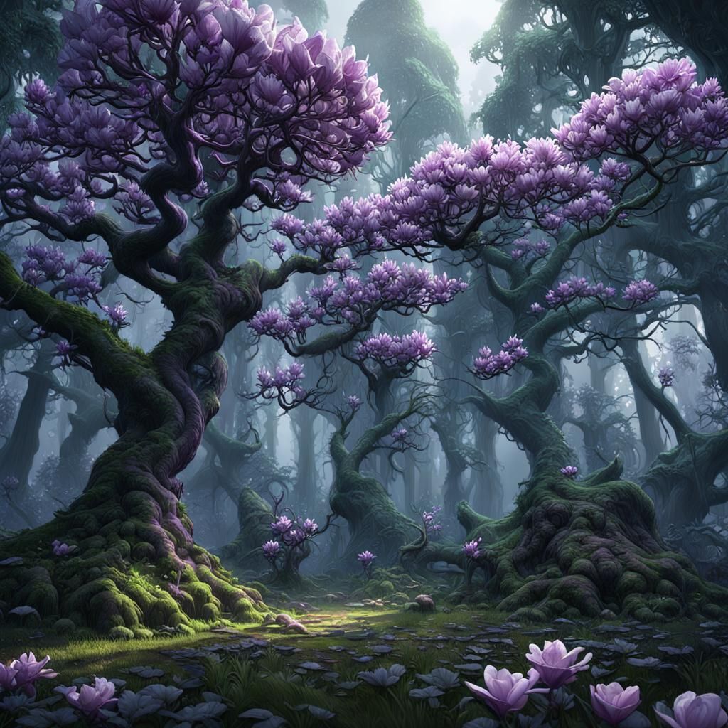 Dinosaurs and Magnolias in Sunlit Forest