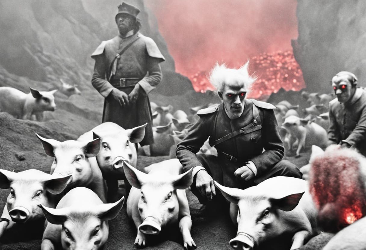 Ominous Satan Surrounded by Pigs in Dark Cavern