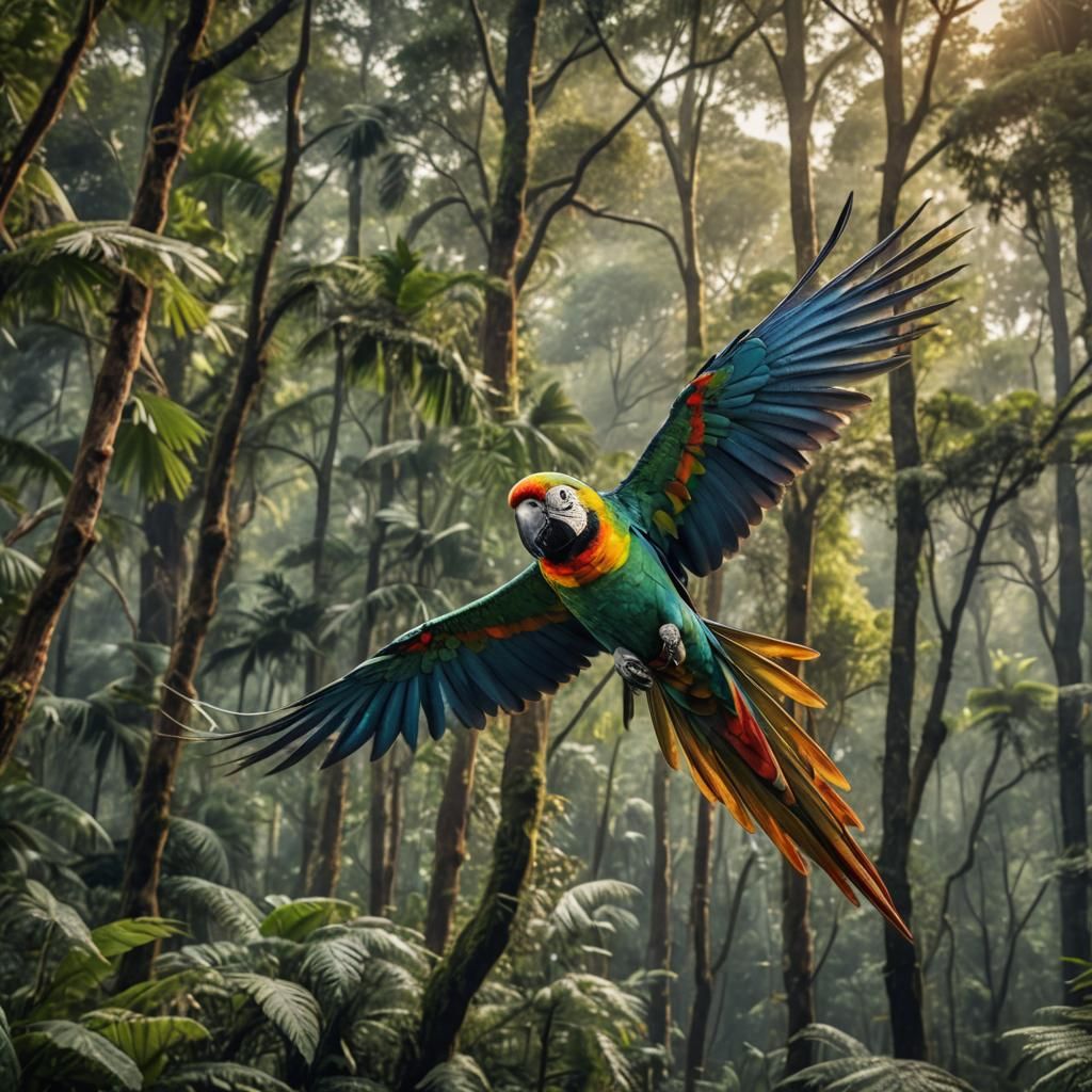 Colorful Parrot in Flight Over Forest