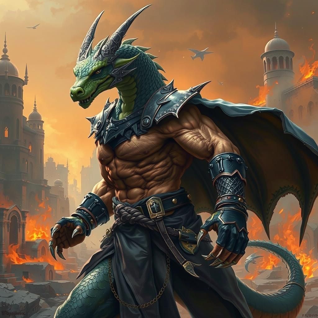 Half dragon half human in fighting attire with fire coming o...