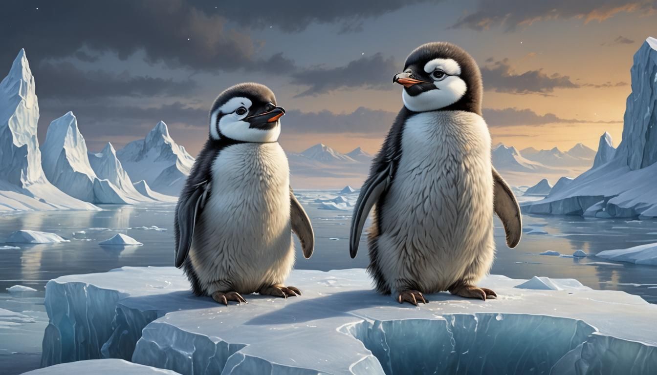 Silver Penguin Chick on Iceberg, Impressionistic Style