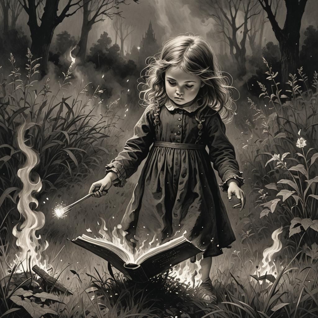 Girl Reading Book Amidst Fiery Landscape