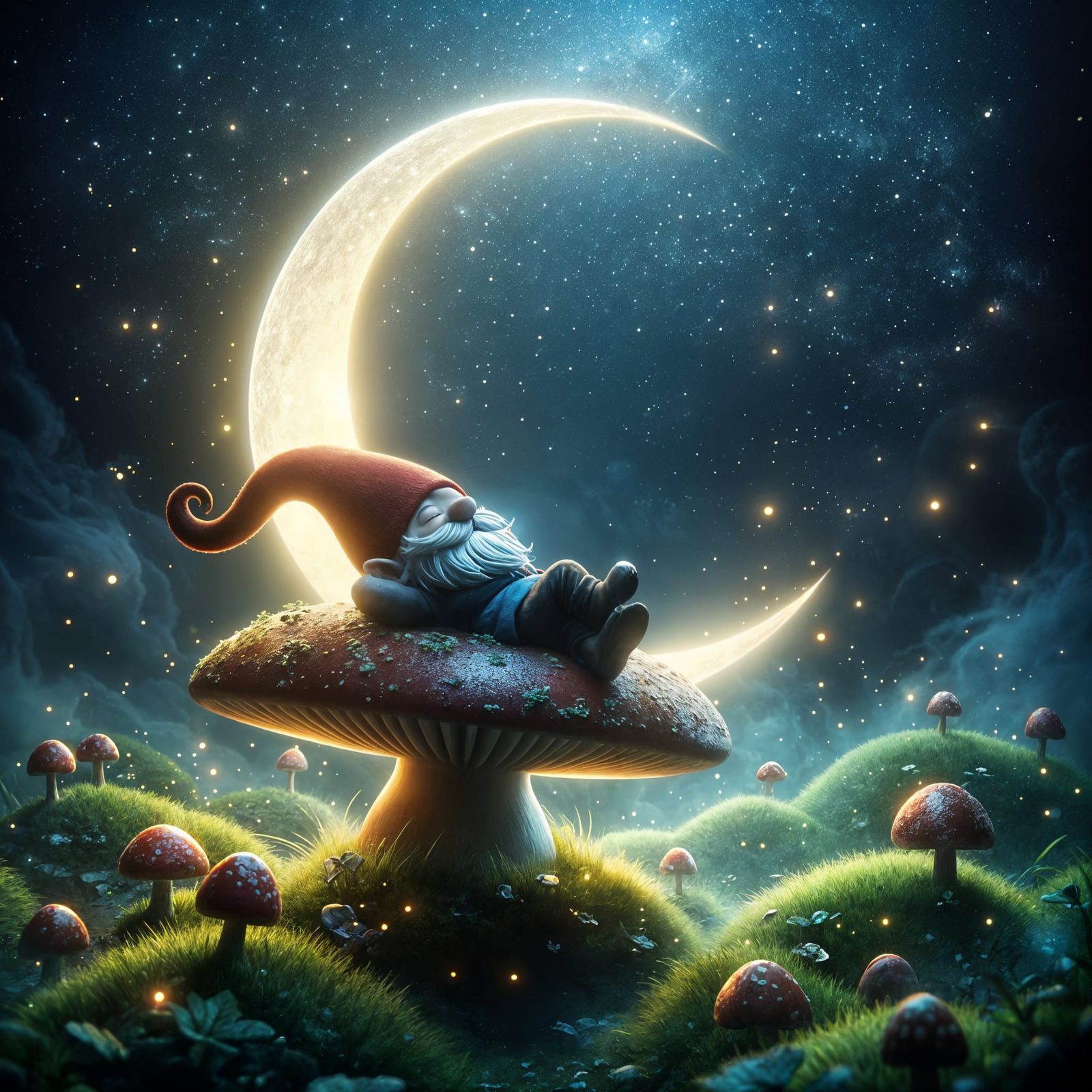 Gnome Enjoying Moonlight on Mushroom in Dreamy Landscape