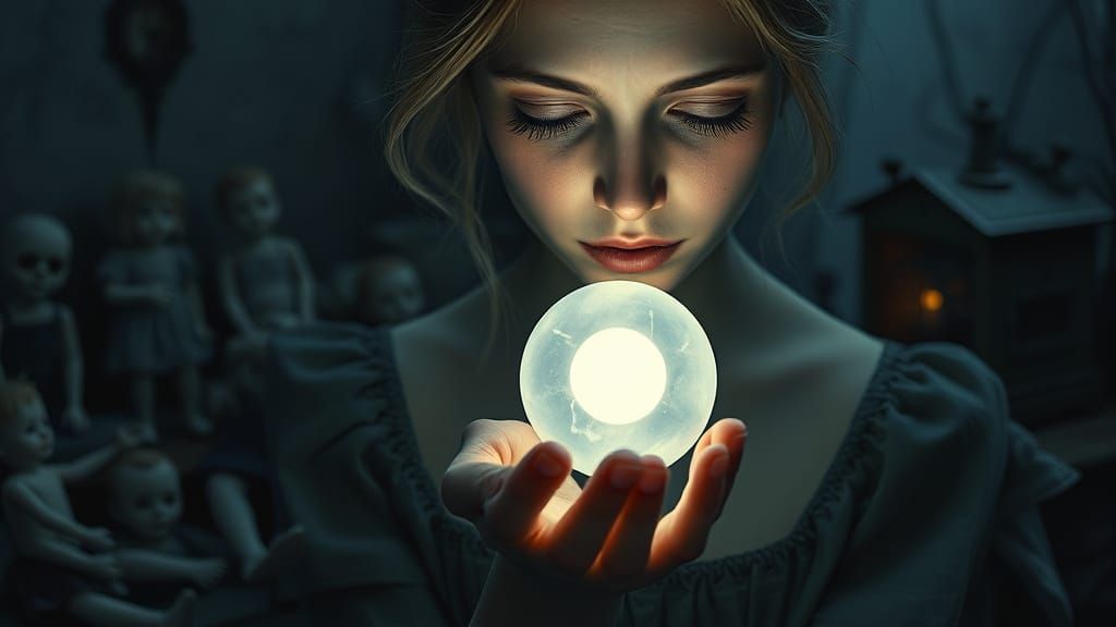 Sorrowful Angel Cradles Heavenly Orb Amidst Haunting Toy Lan...