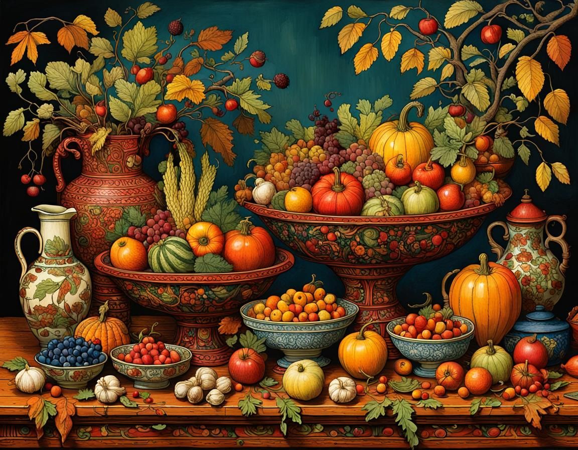 Autumnal Still Life in Children's Book Illustration Style