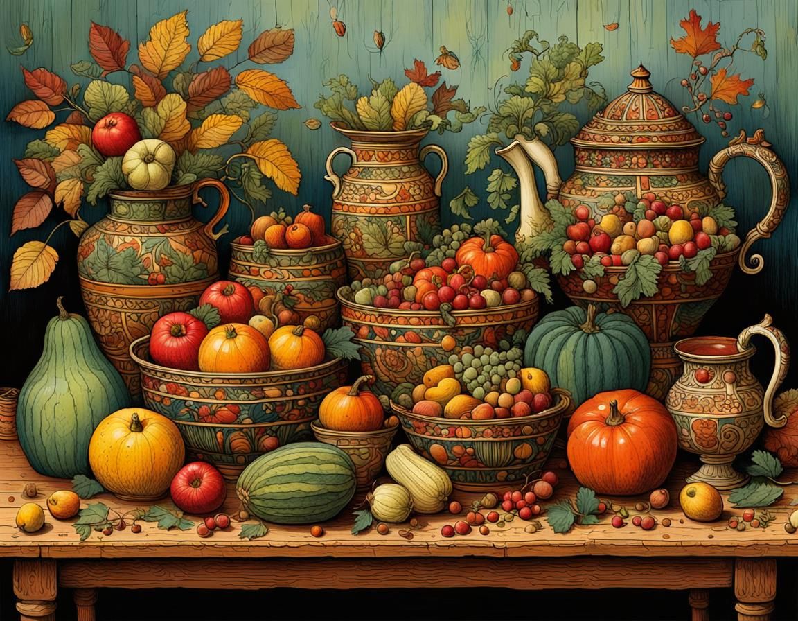 Autumnal Still Life with Fruit, Illustrated Style