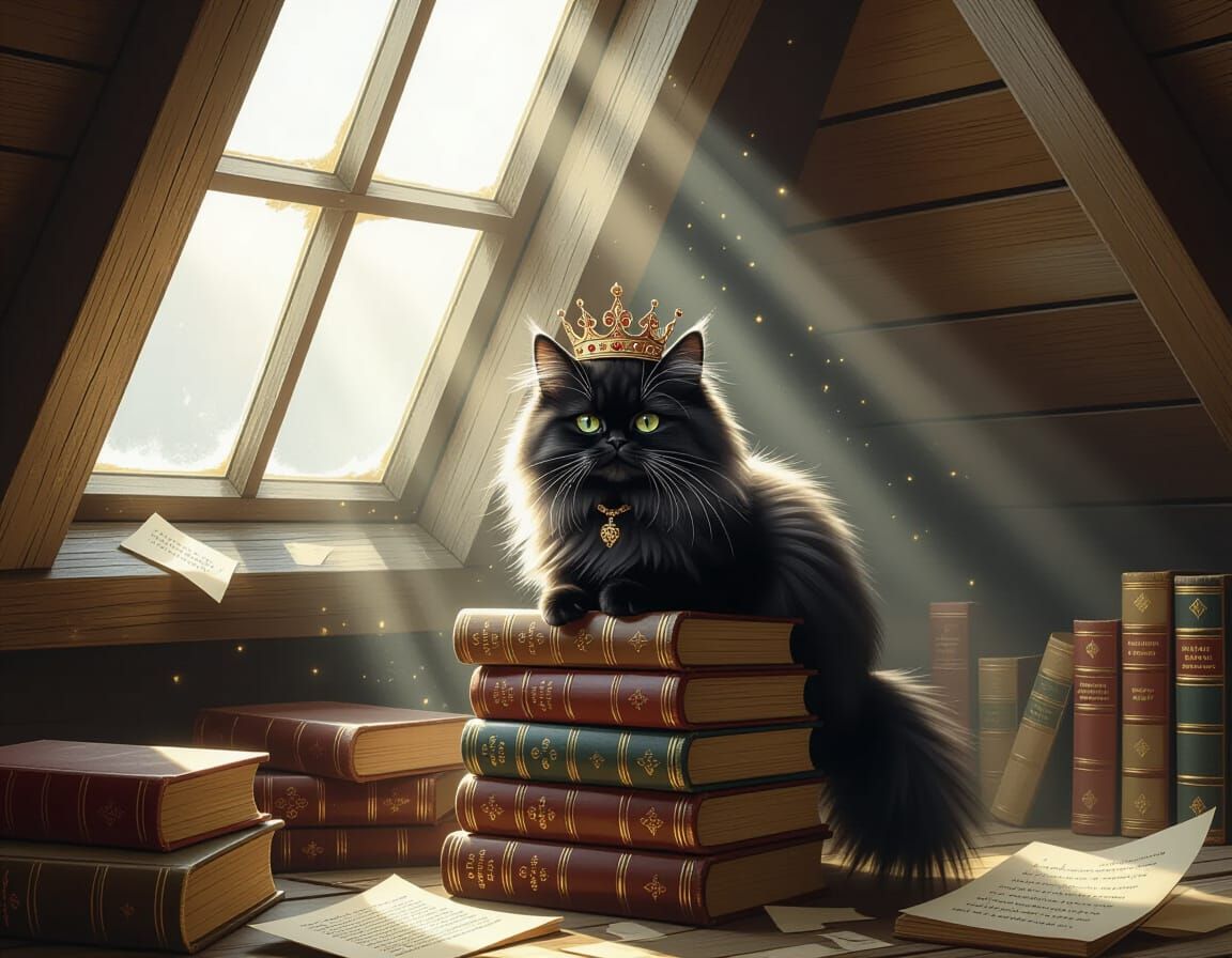 Crowned Cat on Books in Dusty Attic