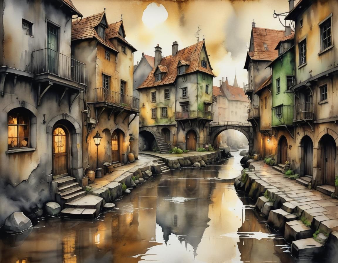 Old Stone Town Watercolor in Steampunk Style