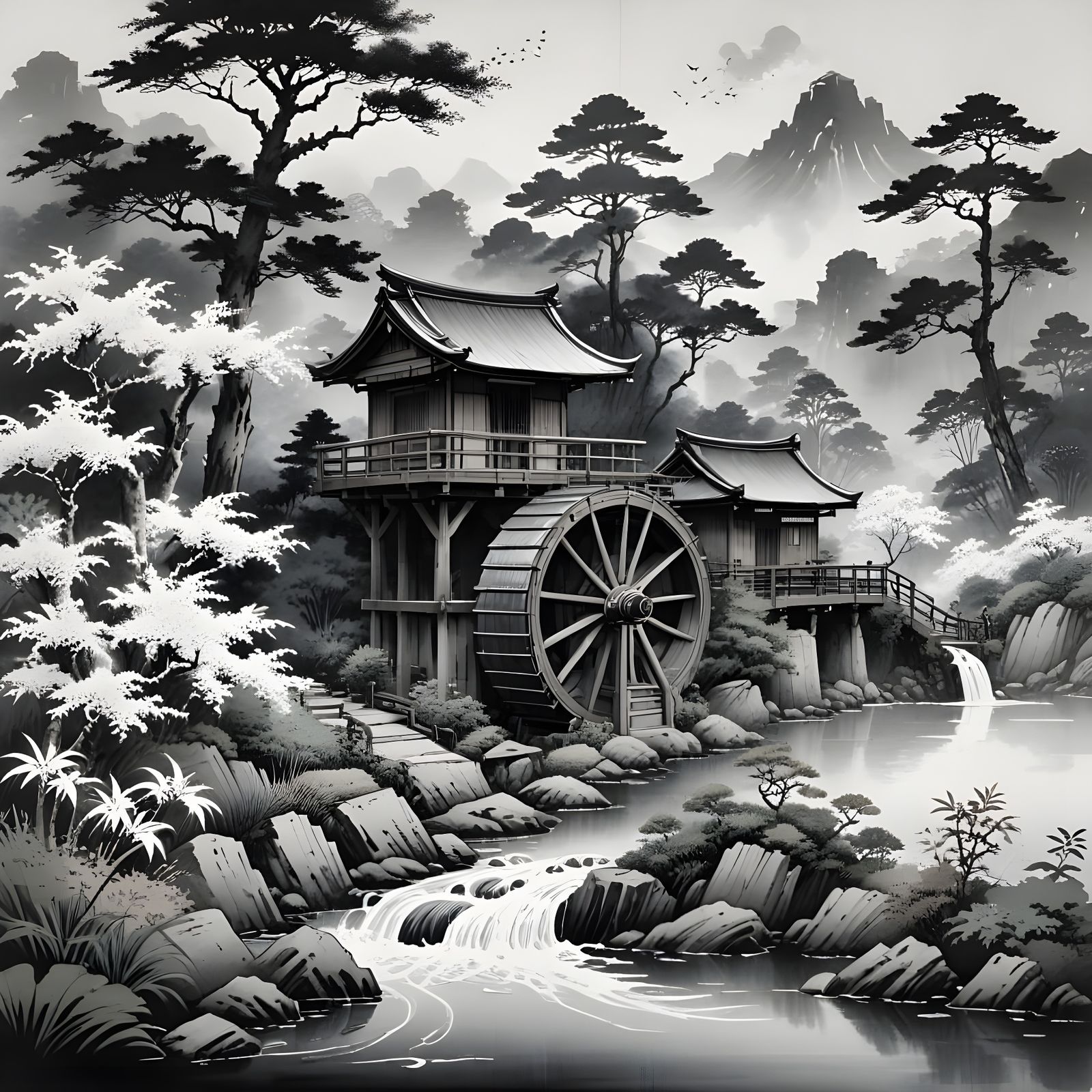 Serene Water Wheel Scene in Traditional Japanese Ink Drawing...