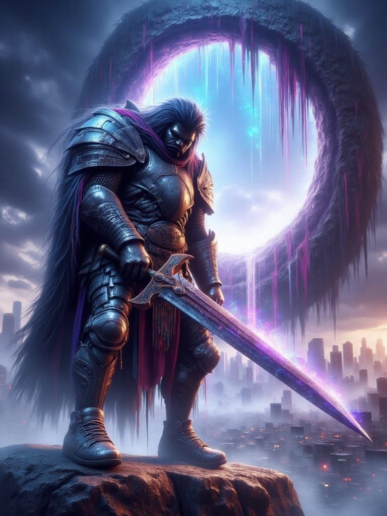 Knight Battles Colossal Portal in Epic Fantasy Art