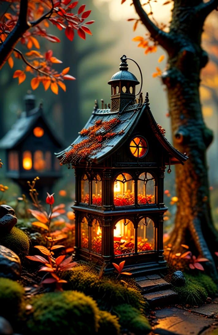Enchanted Forest Inside Antique Lantern, Miniature Magical S...