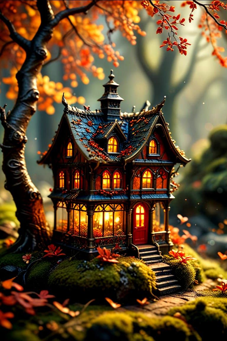 Enchanted Forest Inside a Lantern, Cozy Miniature Illustrati...