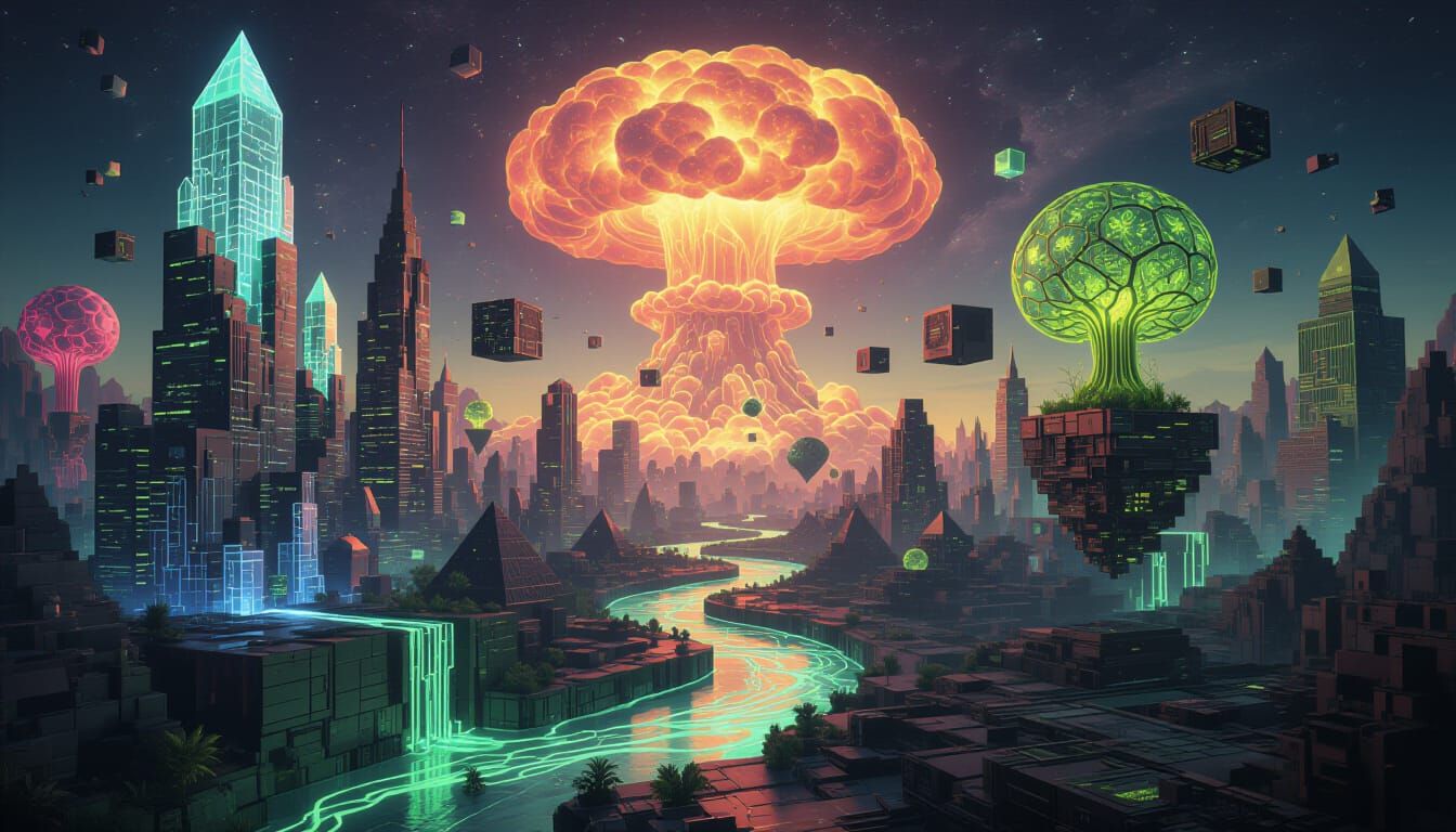 Surreal Neon City Fusion with Nuclear Mushroom Cloud
