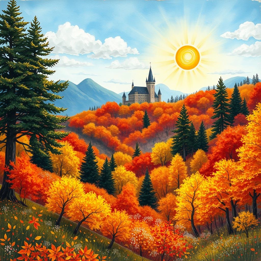 Vibrant Autumn Castle Landscape in Impasto Expressionism