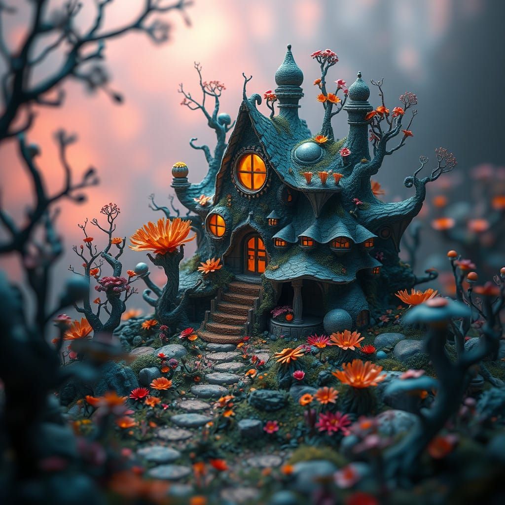 Dreamlike Fantasy Realm in Vibrant Blues and Oranges