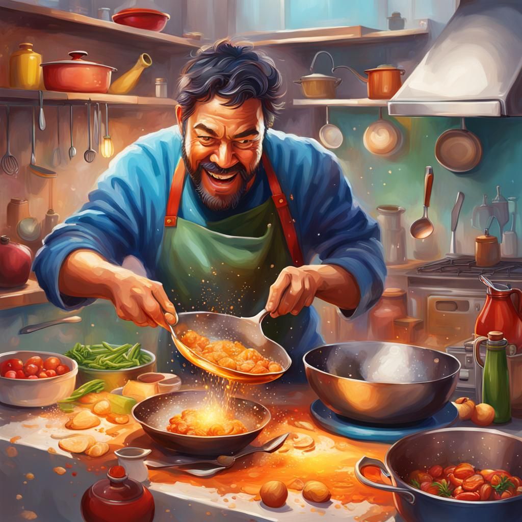 Happy Cooking Scene in Hyperrealistic Splash Art