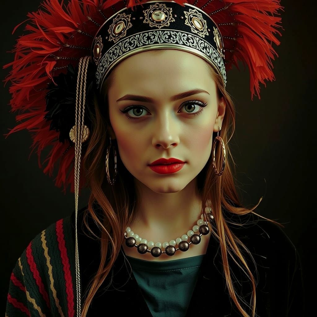 Black and White Portrait of Woman with Crimson Streak