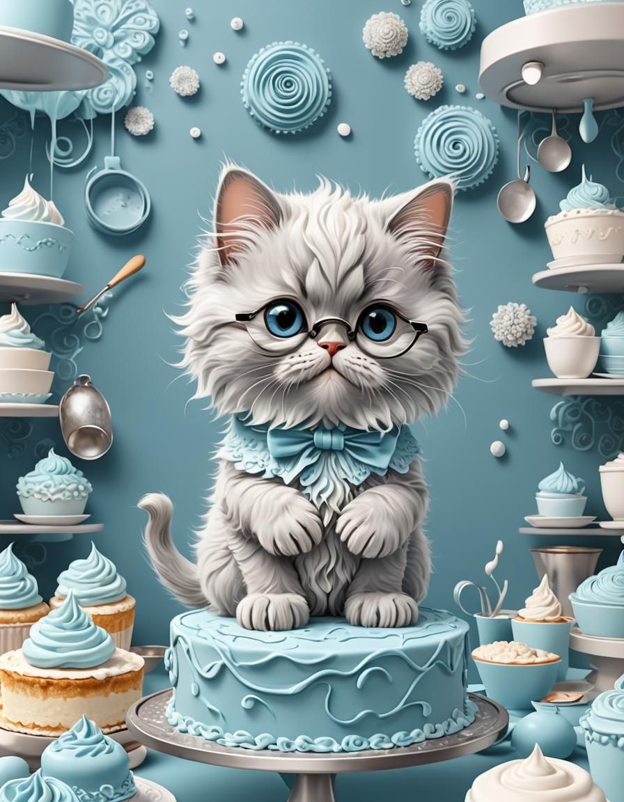 Pastel Blue Kitten Chef Bakes a Cake