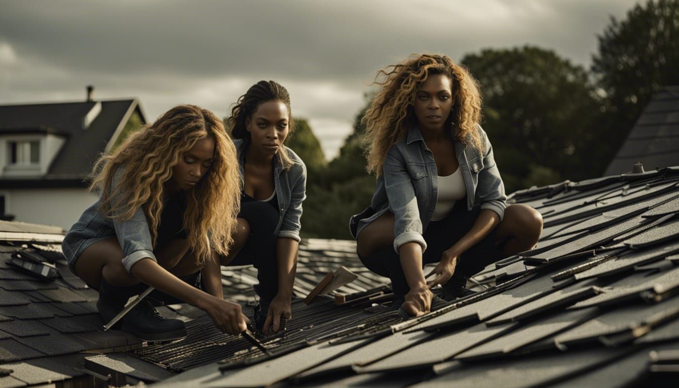 Beyoncé Roofing with Two Women: Black and White Portrait