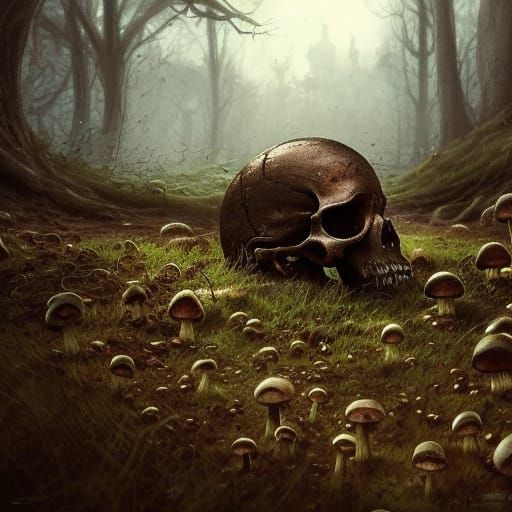 Decaying Skull Surrounded by Mushrooms, Dark Fantasy Art