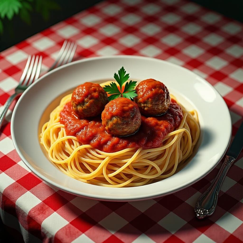 Hyperrealistic Spaghetti with Meatballs Still Life