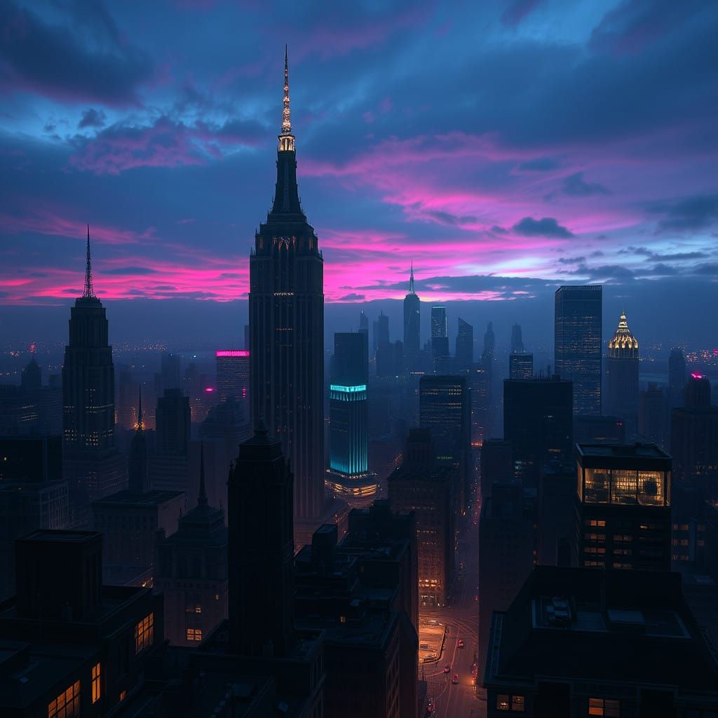 Mysterious Cityscape at Dusk in Dark Film Noir Style