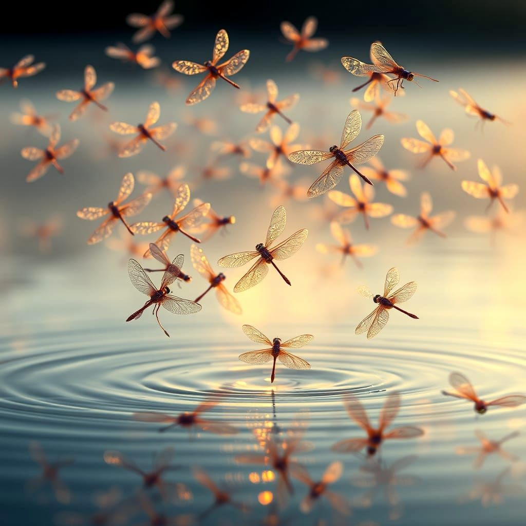 Realistic Dragonflies in Flight Over a Serene Lake