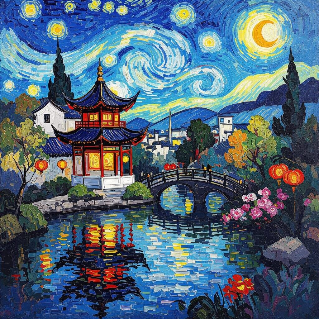 Chinese Gardens in Cityscape, Van Gogh Impasto Style