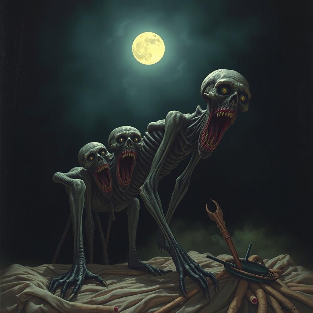 Nightmarish Shadow Figure Under Bed in Dark Surrealism