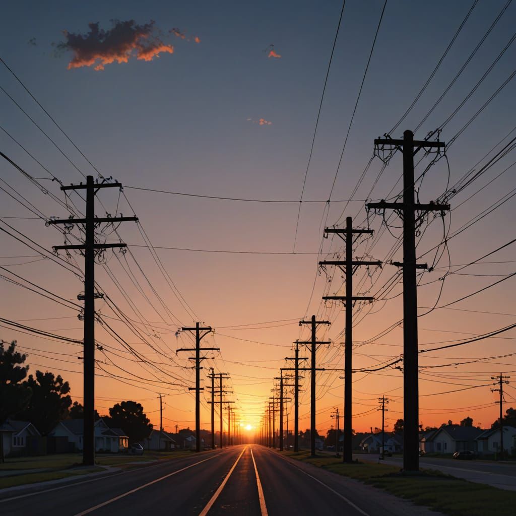 Hyperrealistic Powerlines Amidst a Vibrant Sunset Landscape