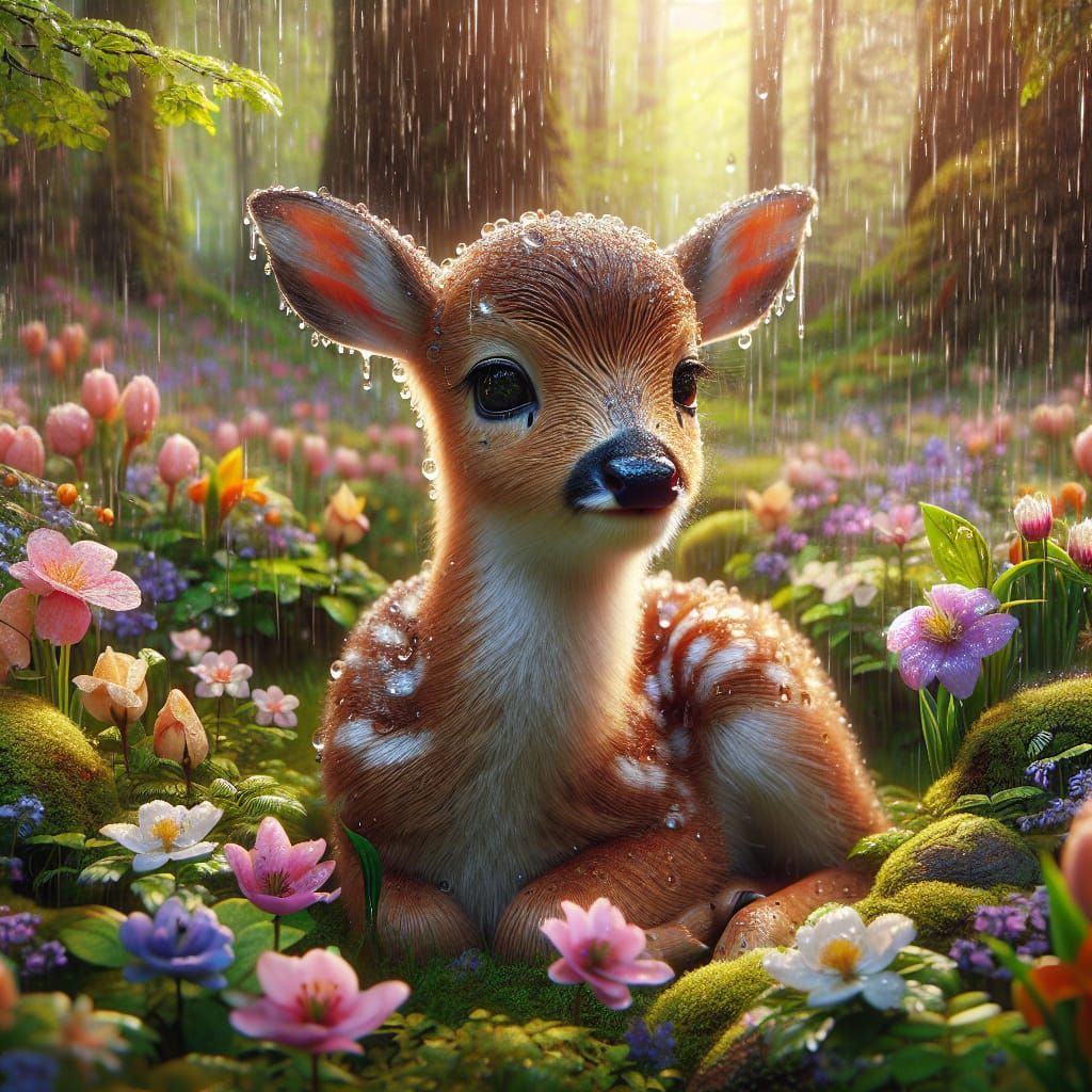 Baby Deer in Rainy Forest, High Definition
