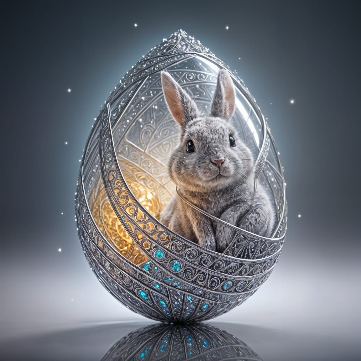 Cosmic Bunny Hatches from Intricate Silver Egg