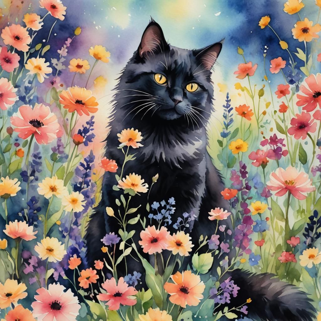 Whimsical Watercolor: Fluffy Black Cat Among Flowers