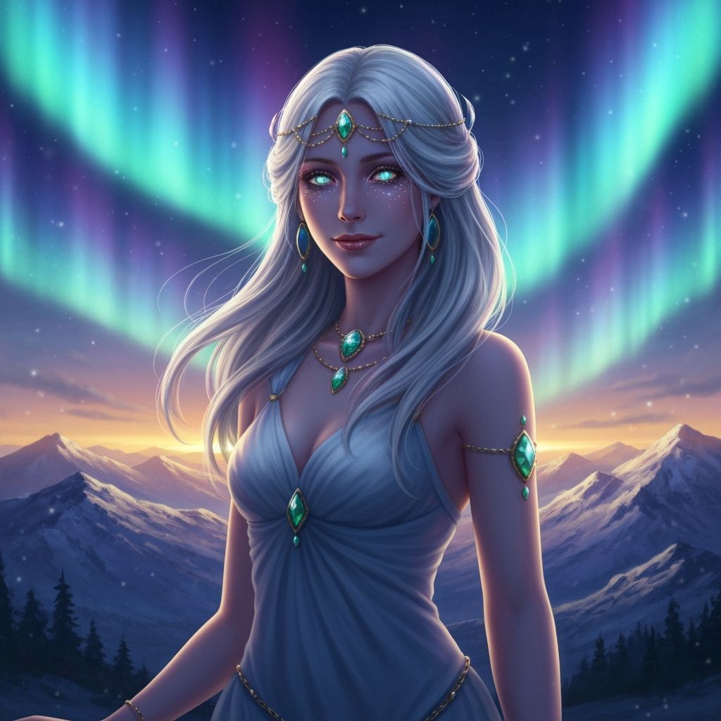 Ethereal Woman Under Aurora Borealis in Magical Realism Styl...