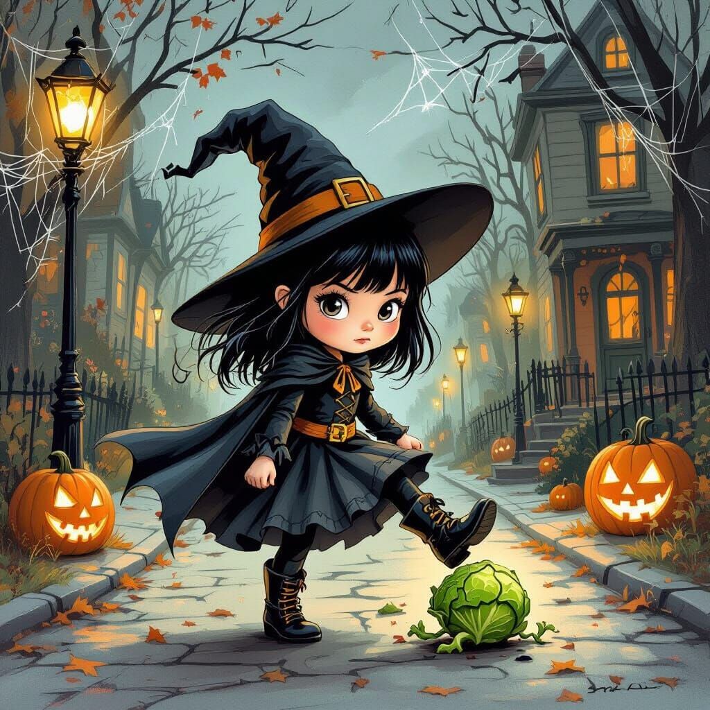 Witch Girl Confronts Brussel Sprout Monster on Halloween Str...