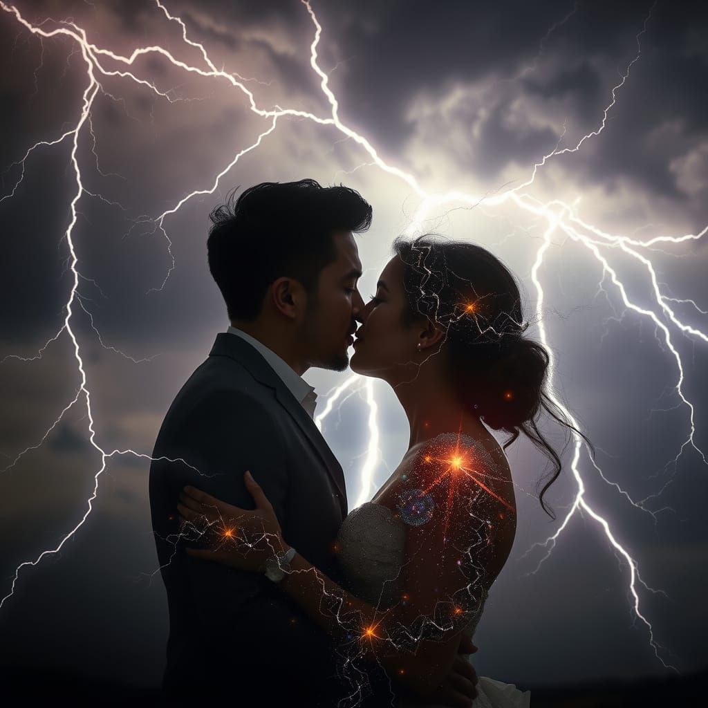 Ethereal Love Amidst Stormy Skies with Fractal Patterns