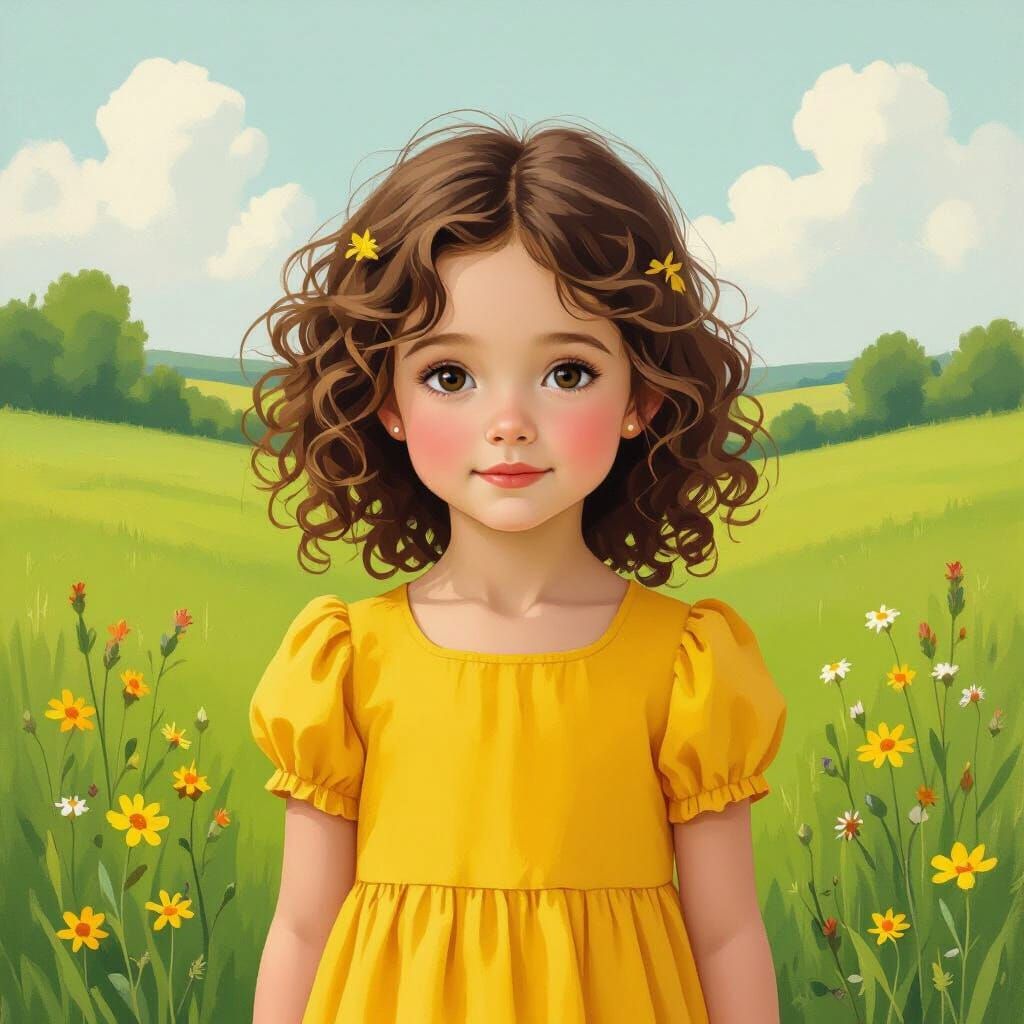 Girl in Meadow: Beatrix Potter Style Illustration