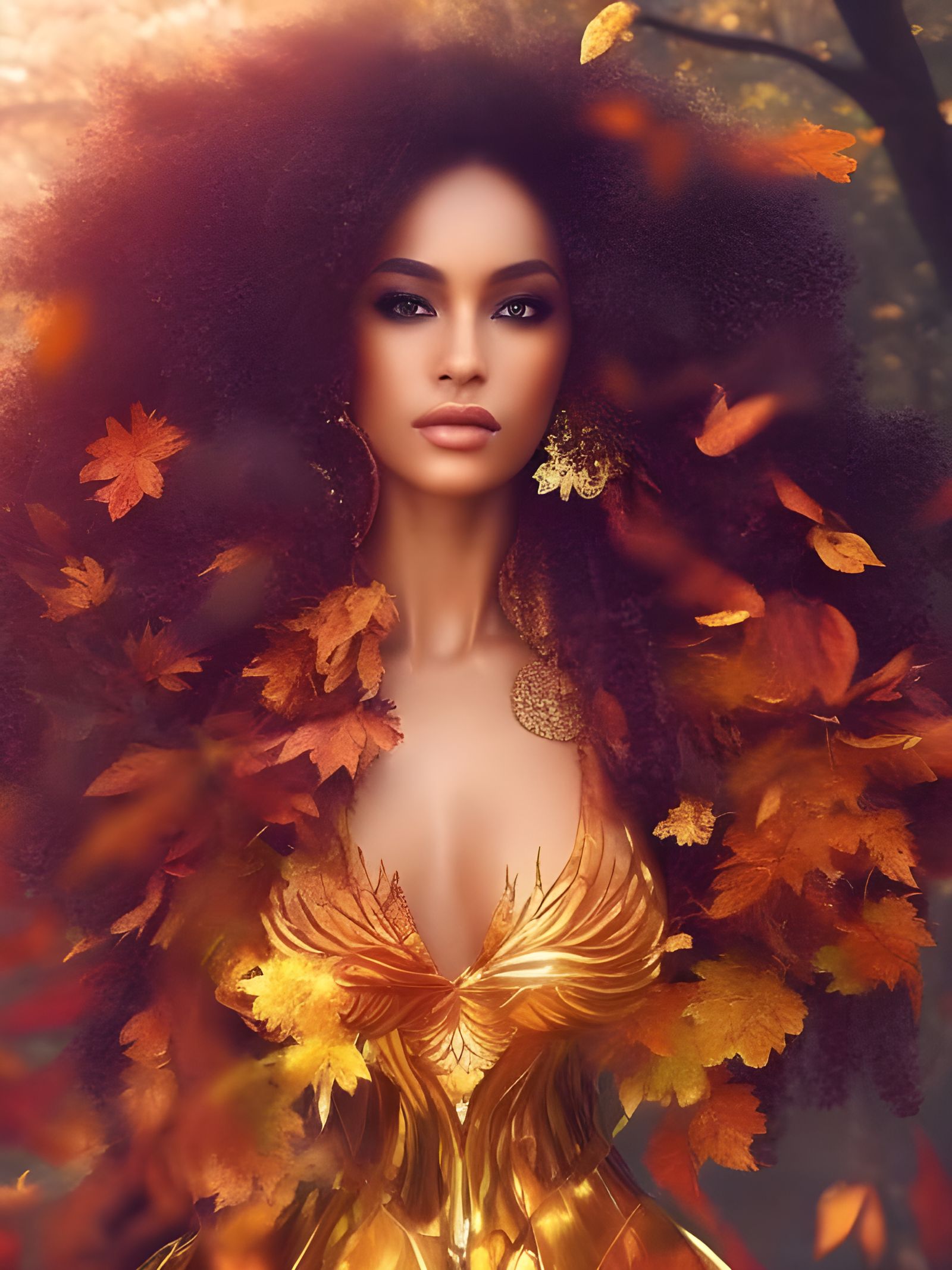 Black Autumn Goddess in Hyperrealistic Digital Art