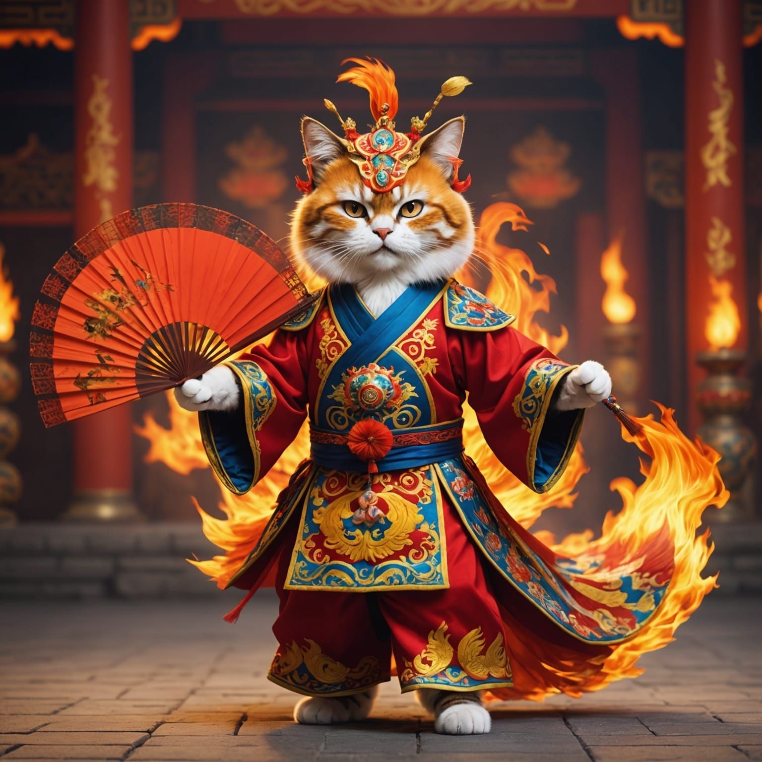 Sassy Cat in Flaming Peking Opera Costume