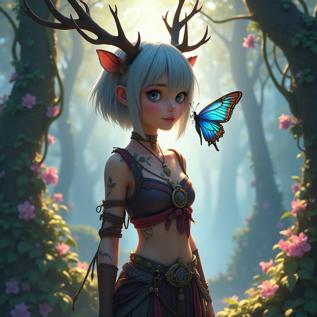 Mystical Faunine Enchantress with Butterfly Companion