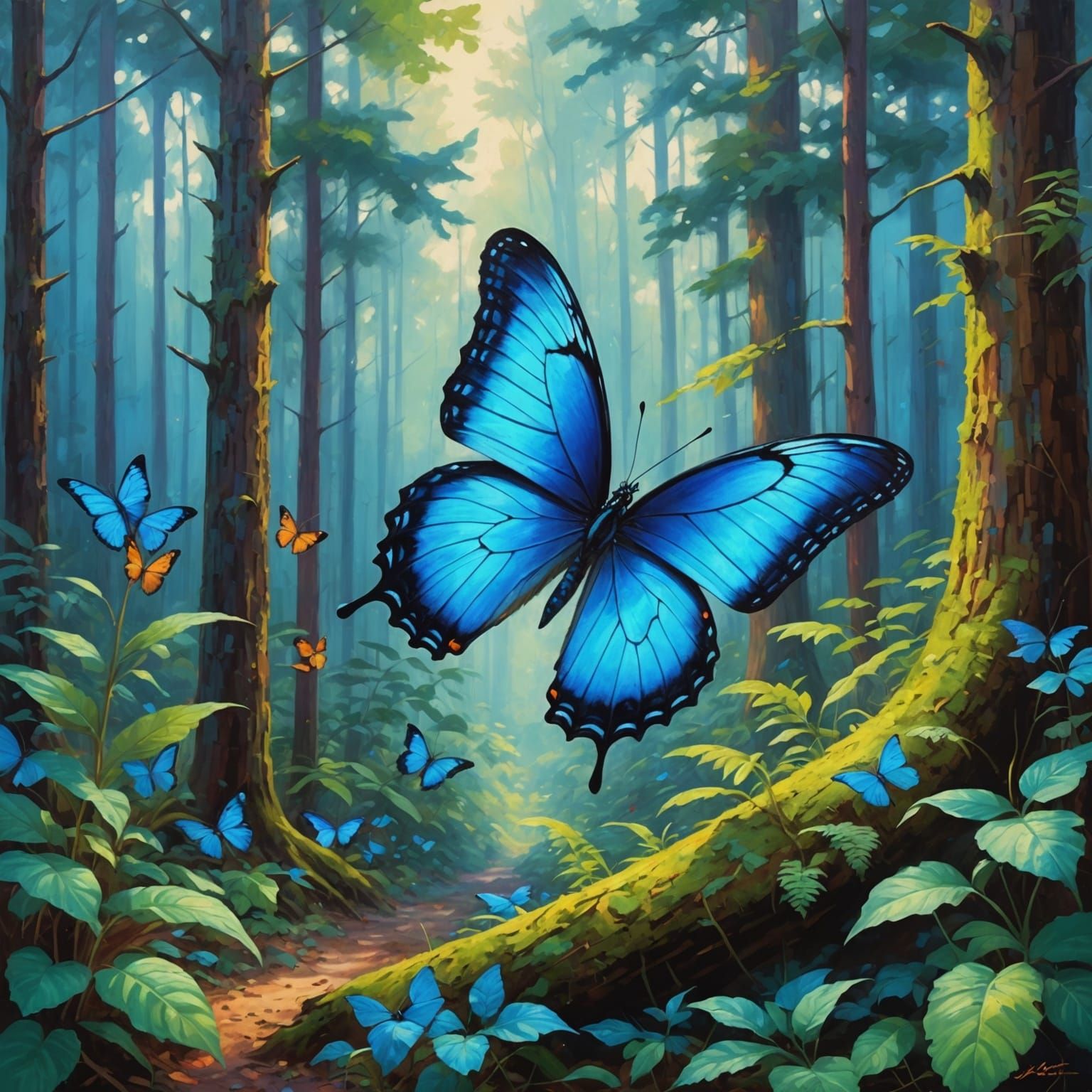 Blue Butterfly Soaring in Vibrant Forest, Oil Painting