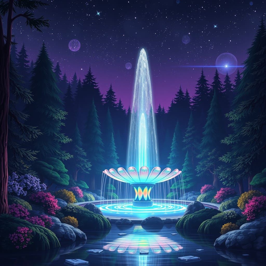 Whimsical Enchanted Forest Fountain under Celestial Night
