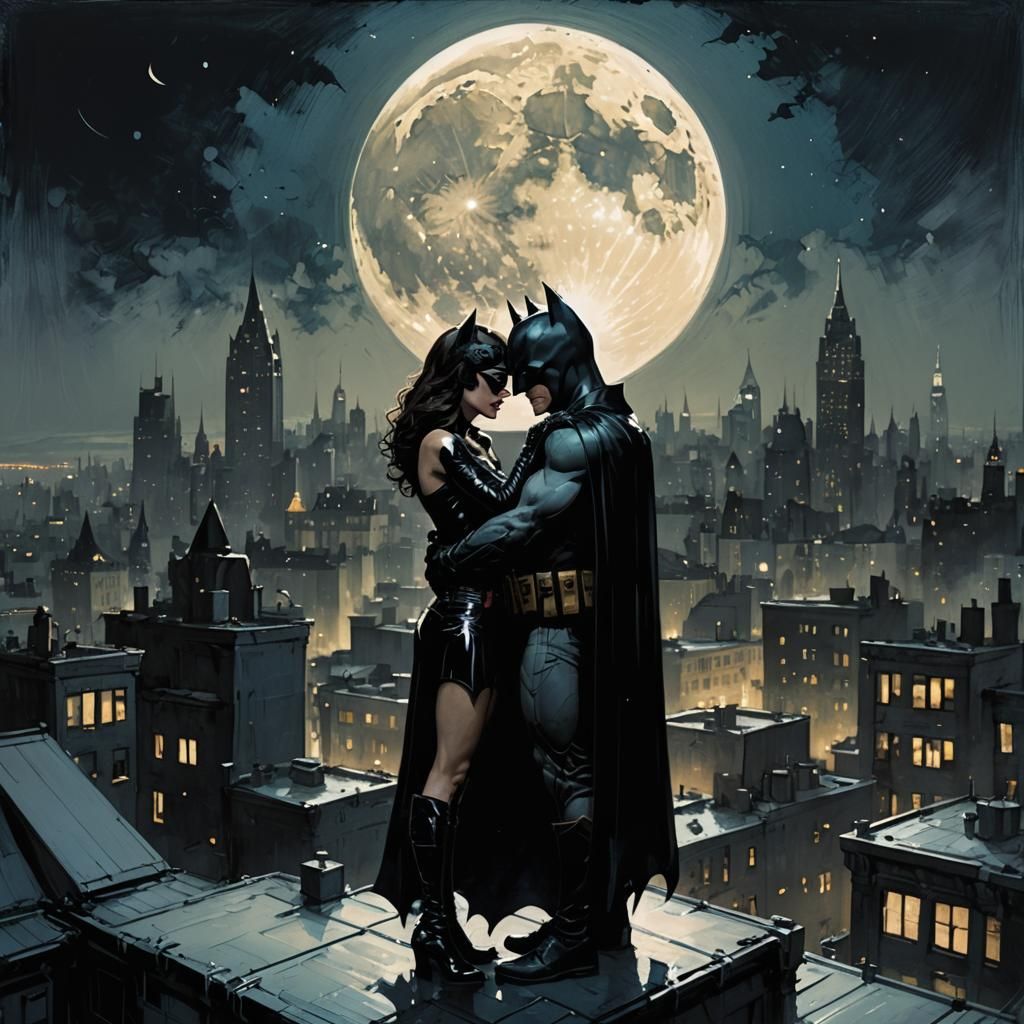 Batman and Catwoman Rooftop Embrace Cityscape Painting