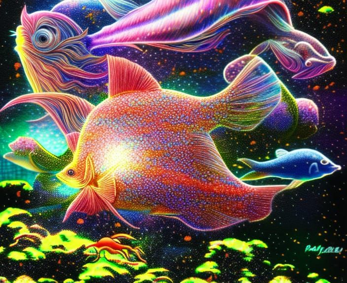 Mystical Fish in Japanese Astral Ocean Art