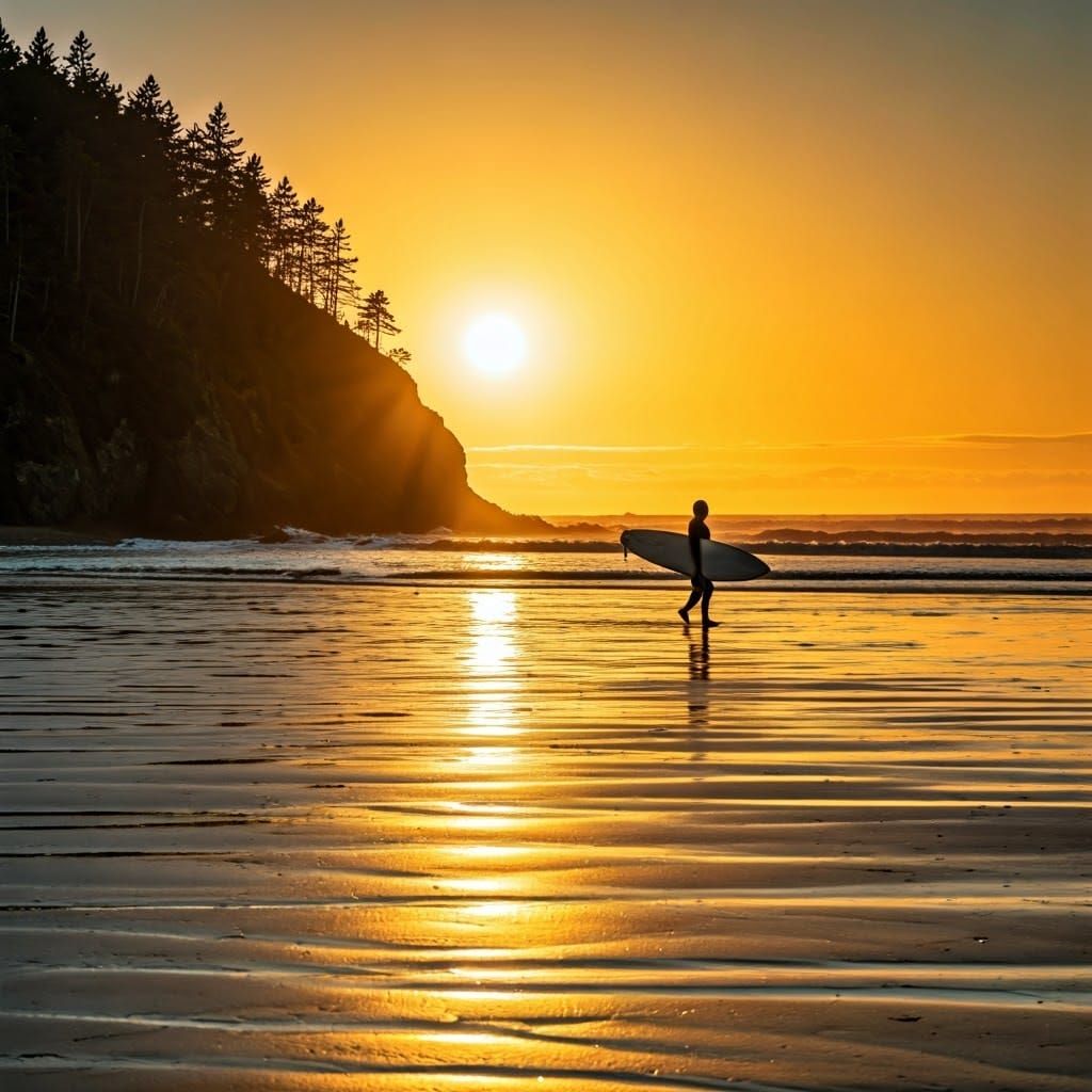 Peaceful Sunset Beach Scene with Surfer