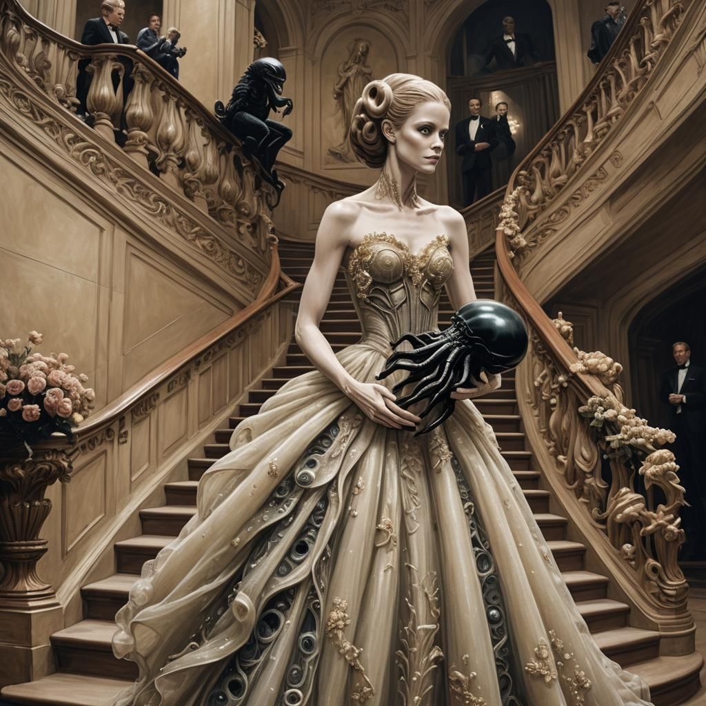 Xenomorph in Gown Descends Grand Staircase