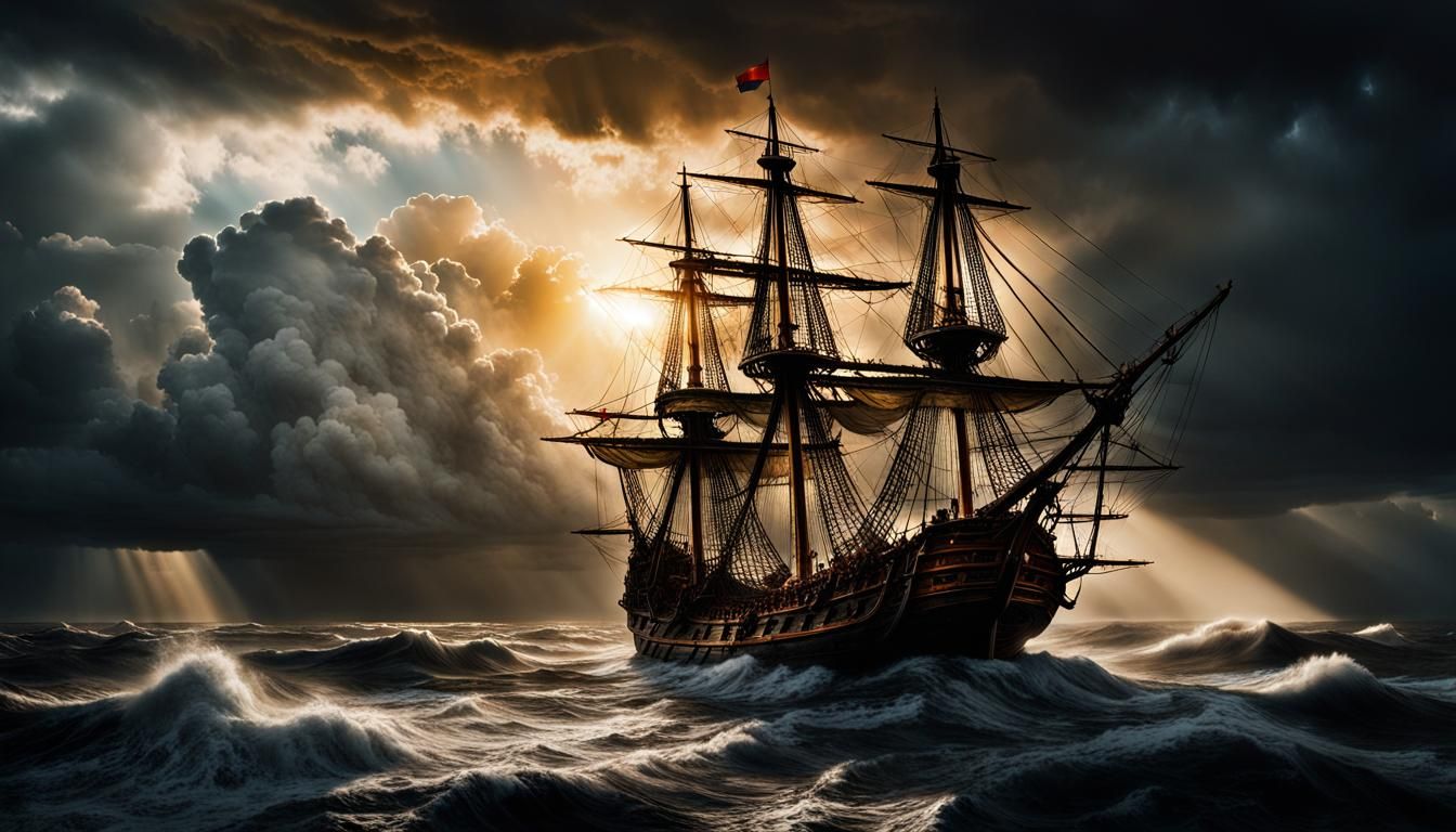 Turbulent Seas: 17th Century Dutch Ship in Chiaroscuro