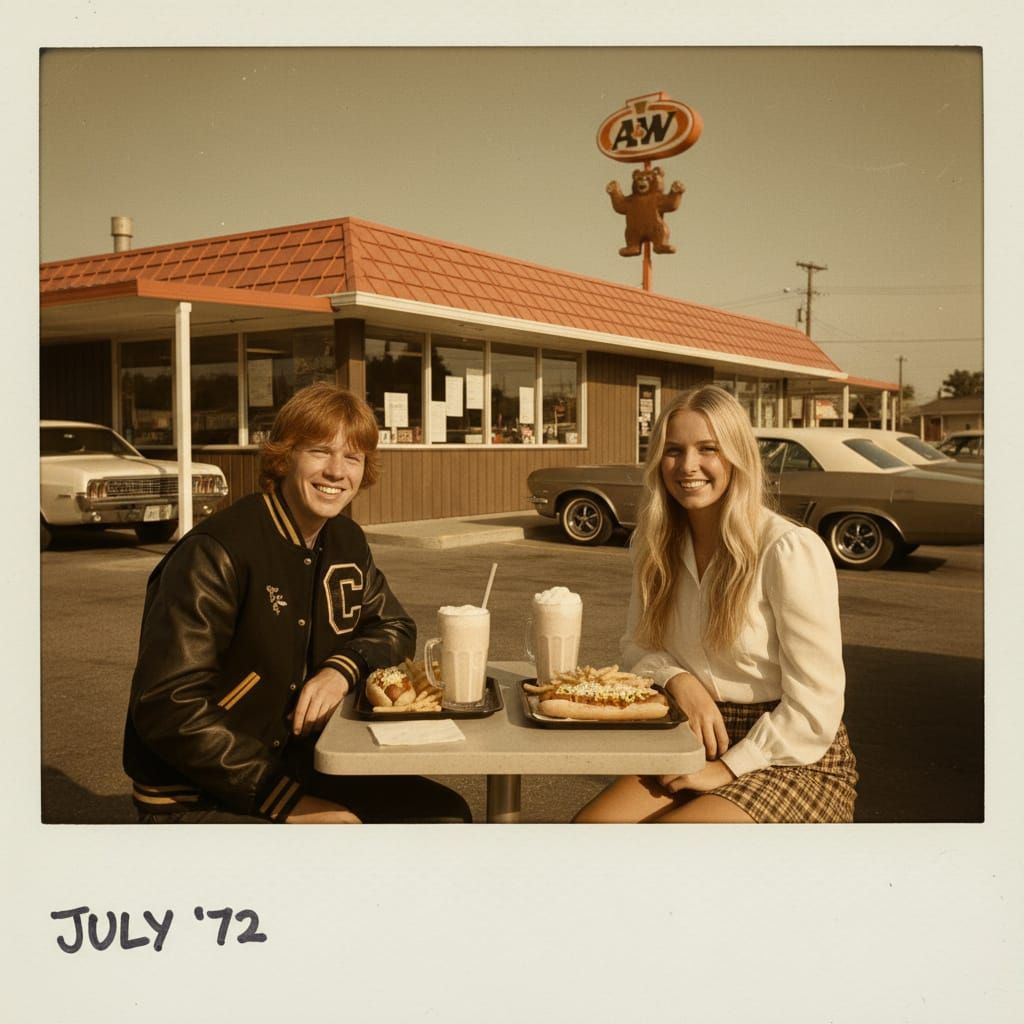 1972 A&W Drive-In Couple Enjoying Chili Dogs